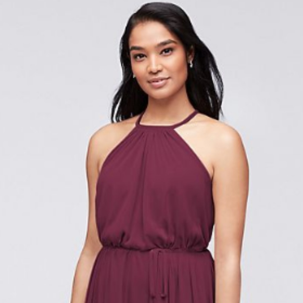 David's Bridal Wine Mesh Halter Bridesmaid Dress